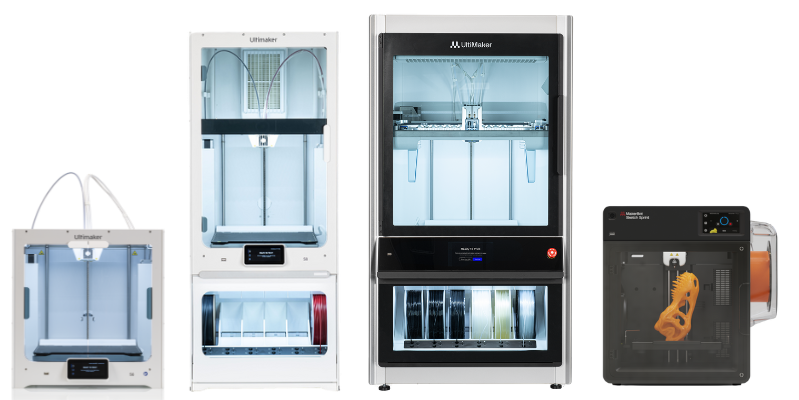 UltiMaker and MakerBot 3D printers lined up